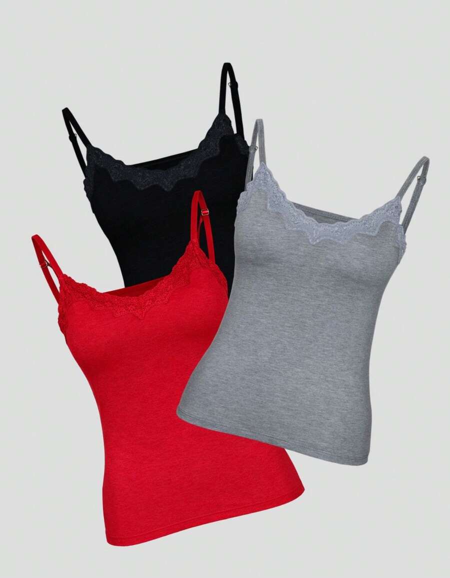 Set Of 3 Padded Blouses With Lace Detail, Plain Print, Basic Everyday Wear - Black Red Gray - View 1