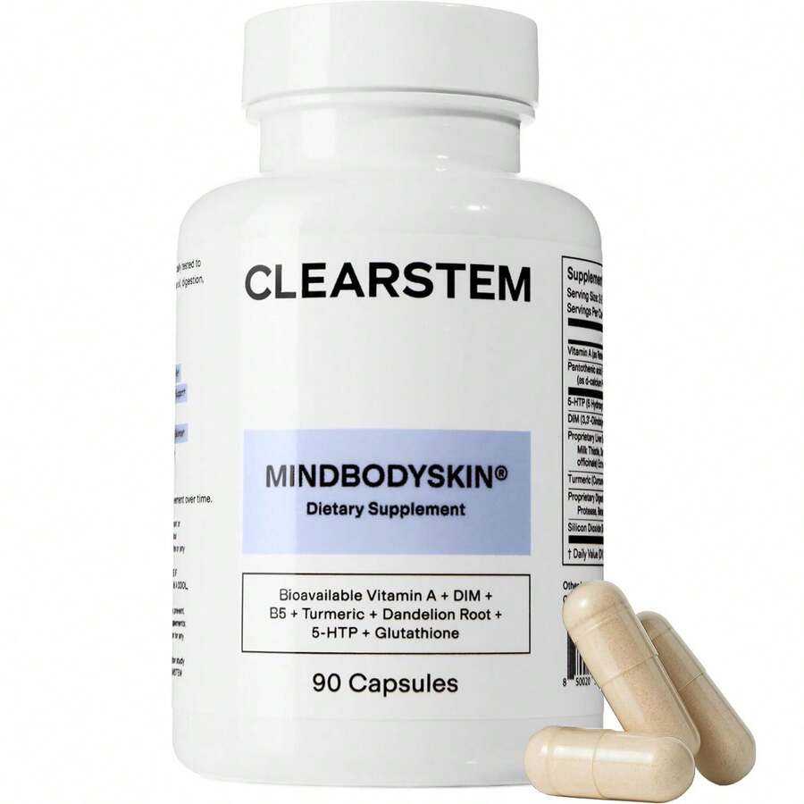 CLEARSTEM - MINDBODYSKIN Hormonal Acne Supplement (5-HTP) - Natural DIM Supplement - Skin Care Vitamins - Hormone Balance, Antioxidants - Gluten Free, Cruelty Free - 30 Servings, 90 Capsules Weight Loss Free Shipping Wellness Vitamins Supplements Chlorophyll Creatina Monohidratada Vitamins Probiotics For Women Protein Powder Quick Ship Items Creatina Colageno - 90 viên nang - Xem 1