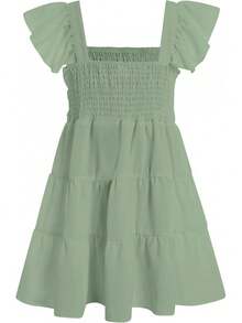 Square Neck Ruffle Sleeve Dress For Girls - Sweet A-Line Swing Dress For Tweens, Casual & Special Occasions - Green - View 4