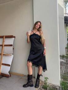 Women's Solid Color Elegant Party Sexy Lace Patchwork Asymmetric Hem Halter Neck Dress, Suitable For Date Night, Daily Wear, Airport Outfit Black Summer - Black - View 3