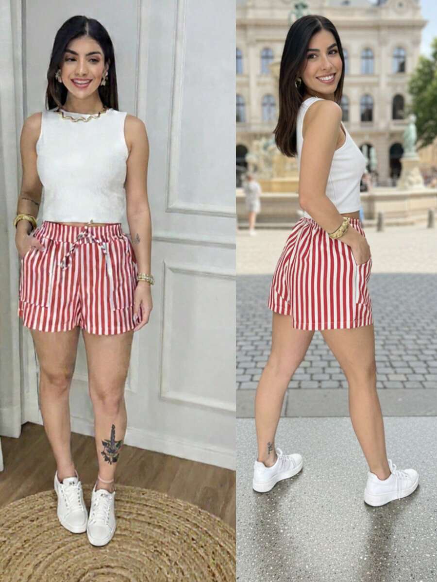 Striped Linen Shorts With Lined Pockets, Home, Beach, Night, Daily, Summer - Rojo - Ver 1