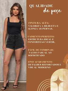 Short Jeans Feminino Cintura Alta Barra Dobrada Casual Verão - Preto - Visão 4