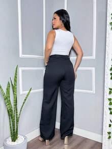 Women's Tailored Trousers, High-Waisted Wide Leg, Elegant Formal Style - Basic Black - View 5