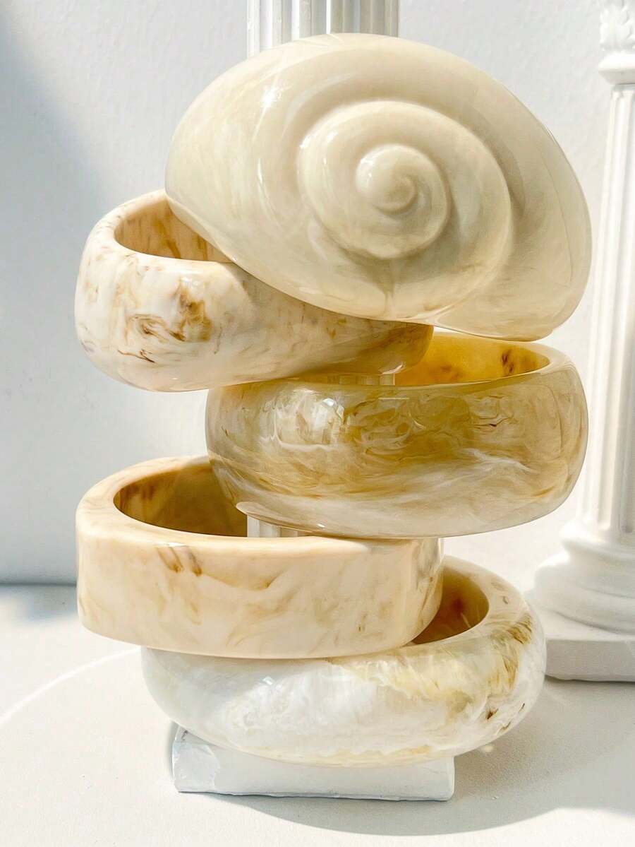 1pc Wide Asymmetric Geometric Resin Bracelet, Marble Texture Shell Rivet Stacking Bangle, Fashionable & Charming Women Jewelry Accessory Suitable For Daily Wear - Multicolor a - View 1
