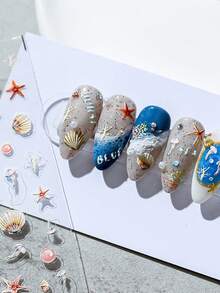 1张海底世界浮雕海星海螺水母珊瑚美甲贴纸 5D神秘海洋主题美甲贴花 自粘美甲装饰贴片，适合女性和女孩 - 彩色 - 查看 2