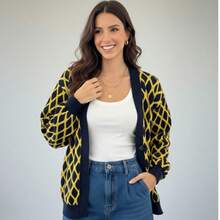 Winter Cardigan Coat, Women's Fashion, Cold And Warm Weather - Màu xanh hải quân phối vàng - Xem 1