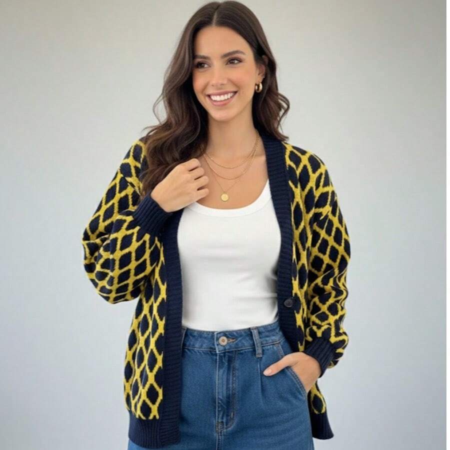 Winter Cardigan Coat, Women's Fashion, Cold And Warm Weather - Màu xanh hải quân phối vàng - Xem 1