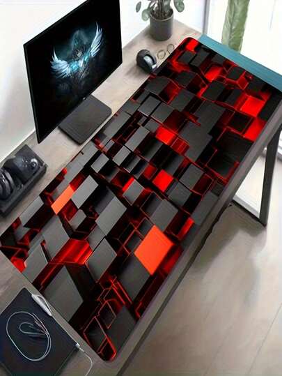 1pc Large Size E-Sports Gaming Mouse Pad, Red And Black 3D Cube Pattern, Non-Slip Washable Rubber Base, Oversized Desk Mat, Suitable As Keyboard Pad, Desktop Pad Or Book Stand, For Office And Dorm, Holiday And Birthday Gift, Compatible With Mouse And Trackball