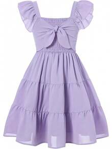 Square Neck Ruffle Sleeve Dress For Girls - Sweet A-Line Swing Dress For Tweens, Casual & Special Occasions - 紫色 - 查看 1