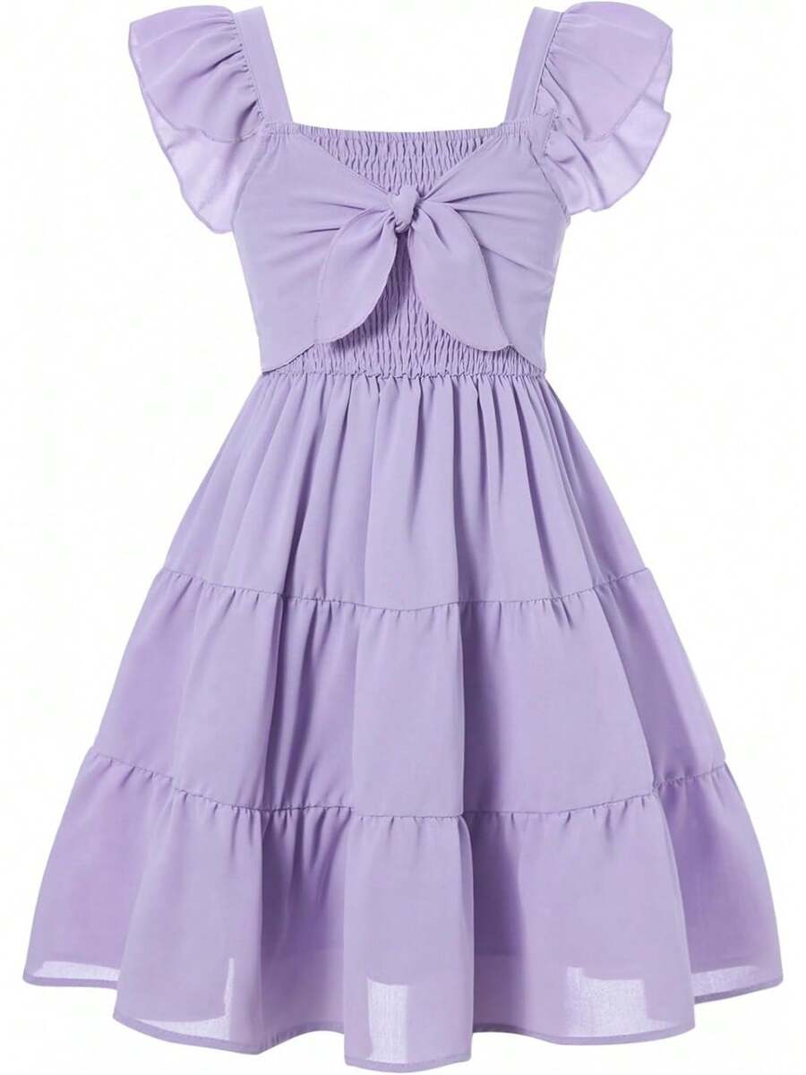 Square Neck Ruffle Sleeve Dress For Girls - Sweet A-Line Swing Dress For Tweens, Casual & Special Occasions - 紫色 - 查看 1