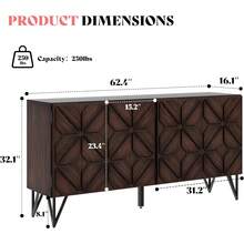 63 Inch Solid Acacia Wood Sideboard With Hand-Carved Geometric Doors – Dark Walnut Buffet Cabinet With Adjustable Shelves For Living Room & Kitchen - Dark Walnut - 查看 2