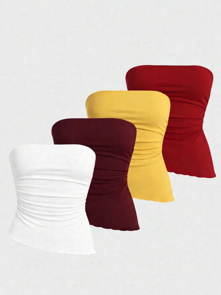 Kit com 4 cropped tomara que caia Ribana justo em tecido elástico com drapeado lateral. - Branco, vinho, amarelo e Vermelho - Visão 1