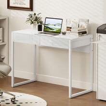 Scrivania Salvaspazio 100x50 cm con 2 Cassetti, Tavolo Computer Moderno con Gambe in Acciaio e Regolabili per Ufficio, Studio, Soggiorno e Camera da Letto, Bianco Lucido - Bianco - Visualizzare 2