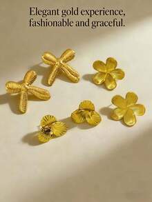 6-Piece Set - Gold-Tone Earrings, Stainless Steel, Multi-Element Design, Elegant Style, Hypoallergenic Stainless Steel Earring Set, Perfect Gift For Besties - Multicolor - View 1