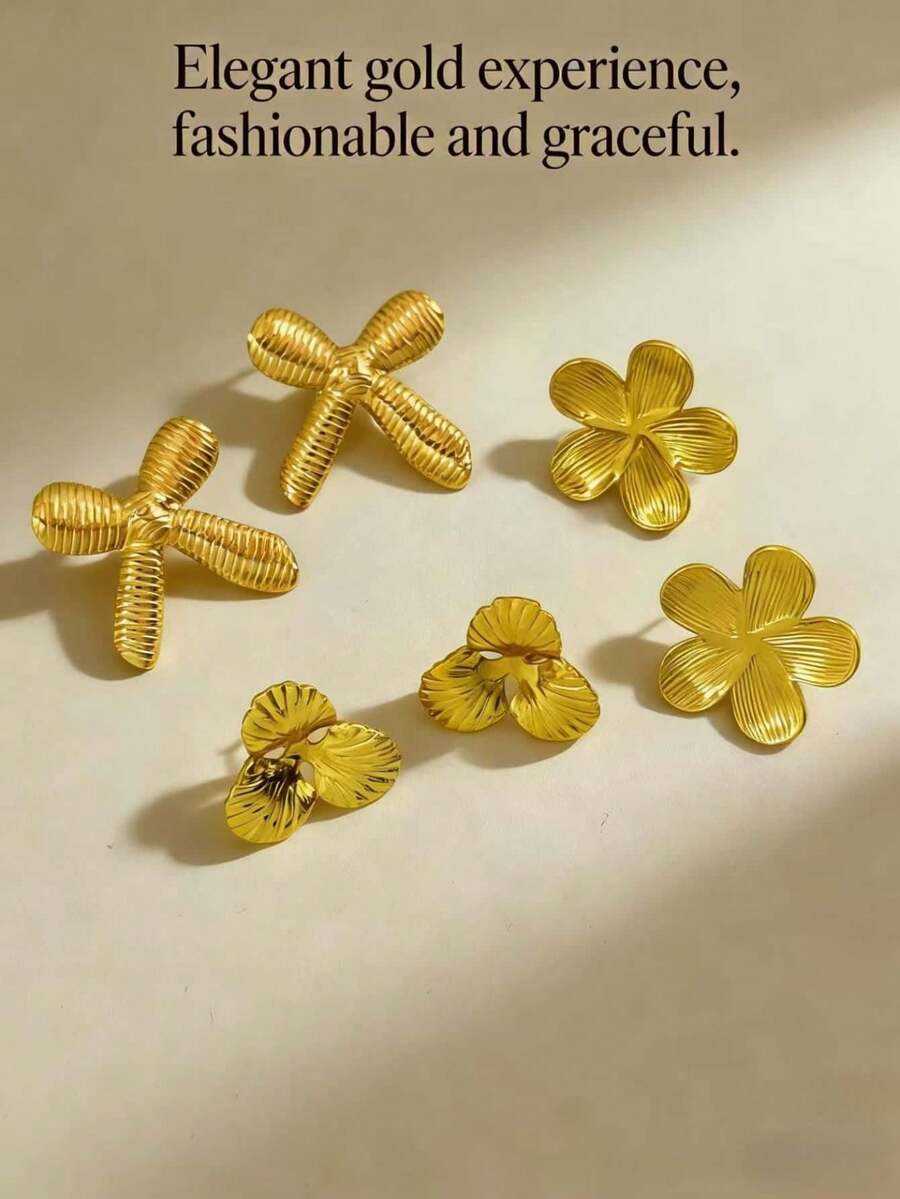 6-Piece Set - Gold-Tone Earrings, Stainless Steel, Multi-Element Design, Elegant Style, Hypoallergenic Stainless Steel Earring Set, Perfect Gift For Besties - Multicolor - View 1