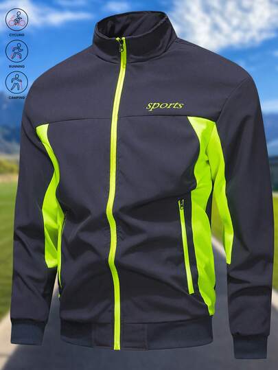 1 pieza Chaqueta con cremallera y cuello alto para hombre, para primavera/verano, chaqueta multibolsillos de bloques de color para exteriores, apta para ciclismo, running, camping, senderismo, trekking, uso diario y casual