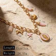 Stainless Steel Religious Charm Necklace, 18K Gold Plated With Pink Enamel Mary, Star, Heart & Tusk Charms, Y2K Jewelry For Women - Gold - View 9
