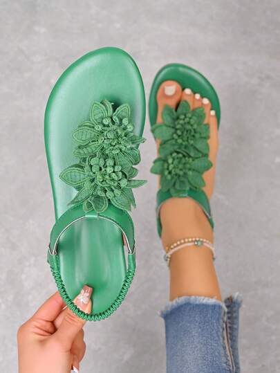 Asymmetrical Positioned 3D Green Double-Layer Floral Sandals, Women's Rubber Sole Lightweight Flat Sandals, Fashionable Floral Decor, Elegant Elastic Slip-On Shoes