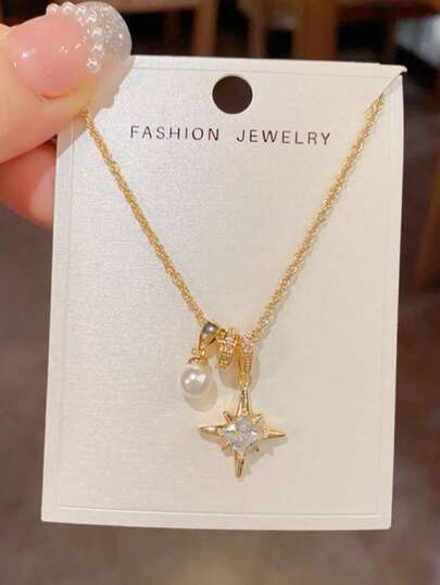 1件装时尚锆石珍珠八角星吊坠项链，星形项链，奢华独特设计女士颈链，情人节送给女友/闺蜜的礼物