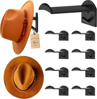 TUSPIPAL 2.9Inch Hat Hooks For Wall - (8 Pack) Cowboy Hat Rack,SuitableSun Hats, Fedora, Wide Brim Hats Strong Hold Hat Hangers For Wall,Western Room Decor- (Black)
