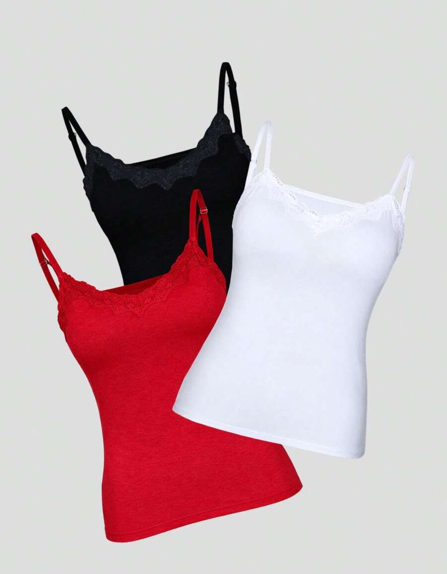 Set Of 3 Padded Blouses With Lace Detail, Plain Print, Basic Everyday Wear - Black White Red - View 1