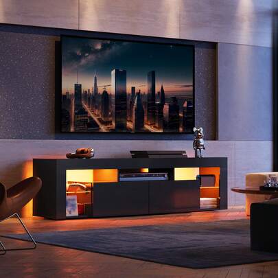 Modern Entertainment Center Wood TV Stand For Living Room With LED Lights And 2 Large Storage Drawers 65 To 70 Inch Fits 65 To 70 Inch TVs Black