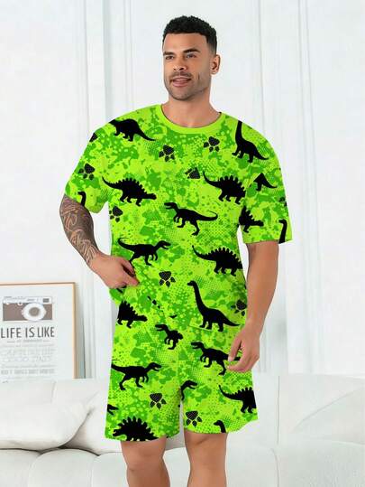 Plus Size Men's Pajama Set | Round Neck Short Sleeve Top And Elastic Waist Casual Shorts, 2 Piece Set | Polyester Knit Fabric, Skin-Friendly Breathable Loose Fit And Comfortable | Cool Cartoon Green Shadow Dinosaur Print Casual Design