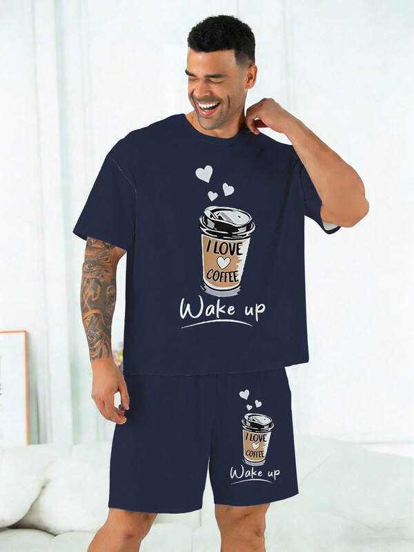 Plus Size Men's Pajama Set | Round Neck Short Sleeve Top And Elastic Waist Casual Shorts 2 Piece Set | Polyester Knit Fabric Soft And Breathable Loose Fit | Fashionable "Wake Up" Coffee Print Casual Design