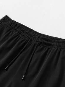 男士休闲短裤，夏季纯色简约时尚长裤，拉链口袋设计 - 黑色 - 查看 4