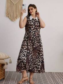 Plus Size Fashion Casual Button Leopard Print Sleeveless Single-Breasted Shirt Dress Vacation Elegant Summer - Leopard Print - View 1