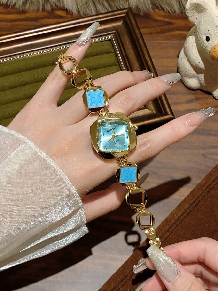 1pc Women's Gold Alloy Asymmetrical Bracelet Watch, Fashion Arabic Numeral Dial, Quartz Movement, Adjustable Strap, Suitable For Daily Decoration And Holiday Gifts - 藍色 - 查看 1