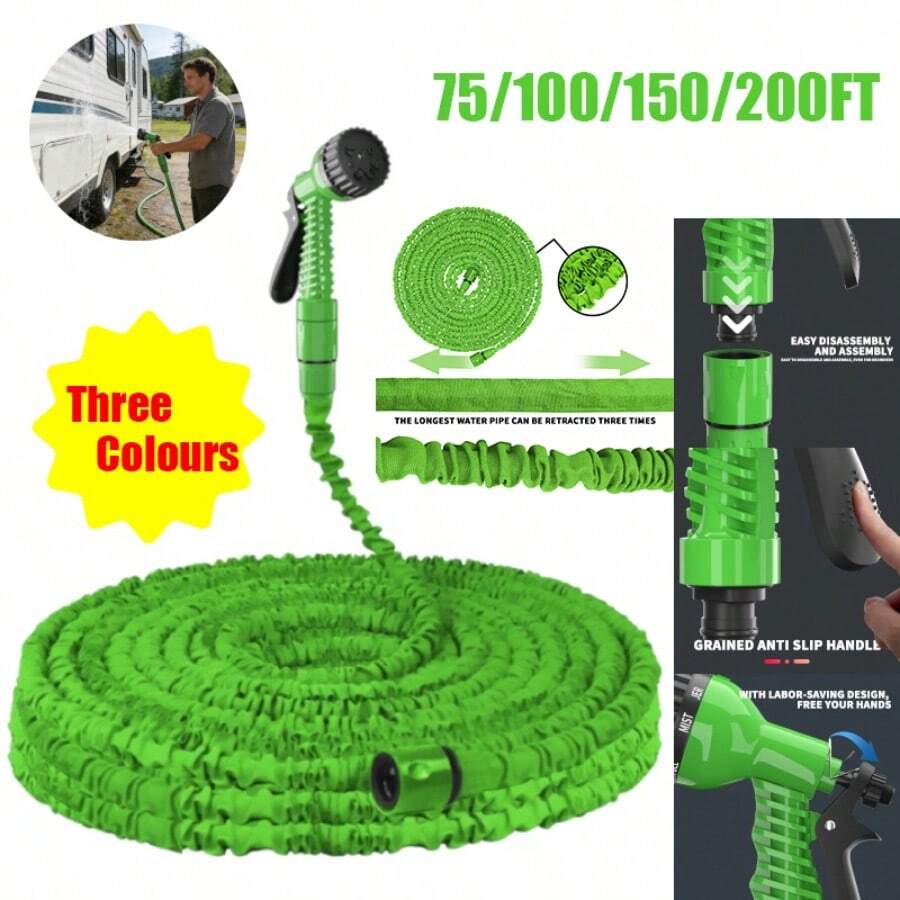 Royalswill 75/100/150/200FT Retractable Garden Hose With Seven Spray Patterns Suitable For Pets, Hose Pipe, Cars, Gardens, And Patios - GREEN - View 1