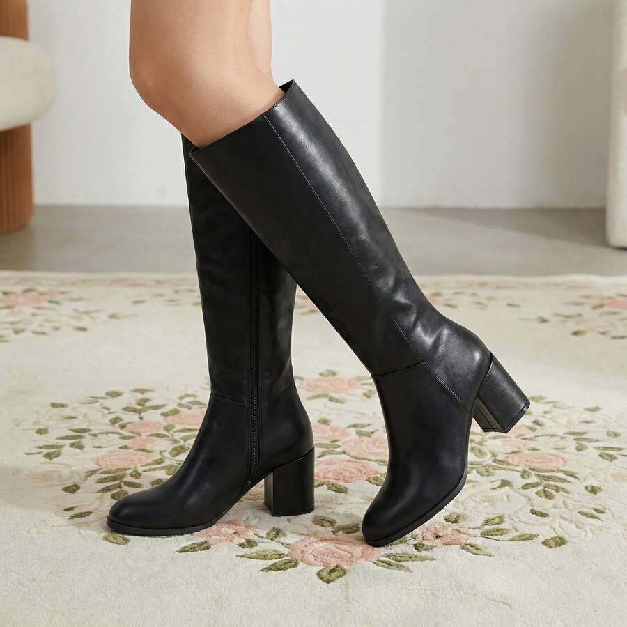 Lotgnimry Women's Fashion Knee-High Boots, Side Zipper Low Block Heel Tall Boots, Casual Minimalist Style For Wedding/Birthday Party/Date, Perfect To Match Dresses/Sweaters - 黑色 - 查看 1