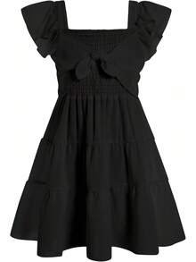 Square Neck Ruffle Sleeve Dress For Girls - Sweet A-Line Swing Dress For Tweens, Casual & Special Occasions - 黑色 - 查看 1