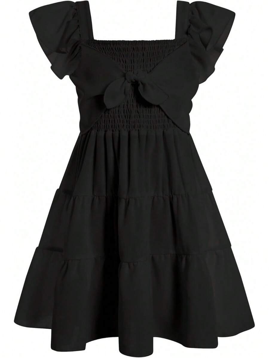 Square Neck Ruffle Sleeve Dress For Girls - Sweet A-Line Swing Dress For Tweens, Casual & Special Occasions - 黑色 - 查看 1