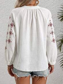 Women's Bohemian Style Embroidered Long Sleeve Drop Shoulder Blouse, Tie Neck, Button Front, Regular Length, Non-Stretch Fabric - White - View 3