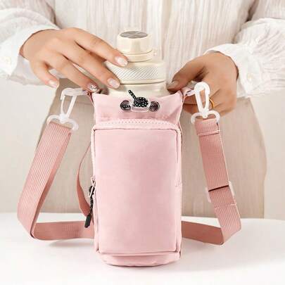 1pc Pink Water Bottle Sleeve, Adjustable Strap Insulated Bottle Holder, Portable Pouch For Outdoor Sports, Valentine's Day, School, Yoga