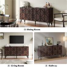 63 Inch Solid Acacia Wood Sideboard With Hand-Carved Geometric Doors – Dark Walnut Buffet Cabinet With Adjustable Shelves For Living Room & Kitchen - Dark Walnut - 查看 7