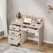 Computer Desk With 4 Drawers And Hutch, Home Office White Writing Desk With File Drawer And Shelves For Small Spaces, Small Desk Study Table For Bedroom, White/ Beige/ Grey/ Brown - 米色 - 查看 5