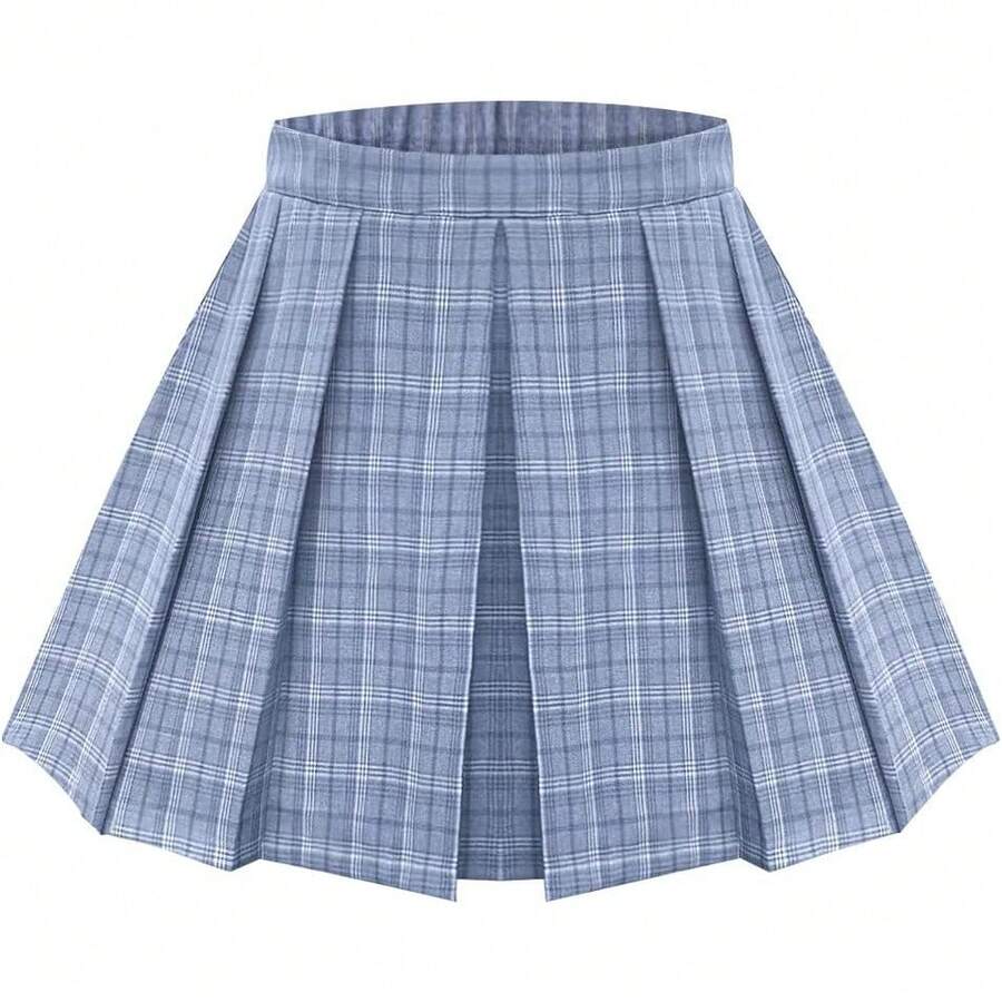 Plus Size Basic Versatile Stretchy Elastic Waist Flared Casual Mini Skater Skirt/Pleated Plaid Skirt For Women XL-5XL - A02-a261 - Kẻ sọc xanh - Xem 1