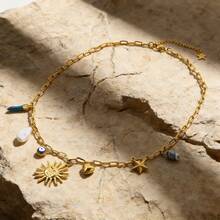 Stainless Steel Sun & Evil Eye Charm Necklace, 18K Gold Plated With Star, Heart & Stone Charms, Boho Jewelry For Women - Gold - View 6