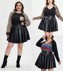 Plus Size Basic Versatile Stretchy Elastic Waist Flared Casual Mini Skater Skirt/Pleated Plaid Skirt For Women XL-5XL - 02-màu đen đặc - Xem 4