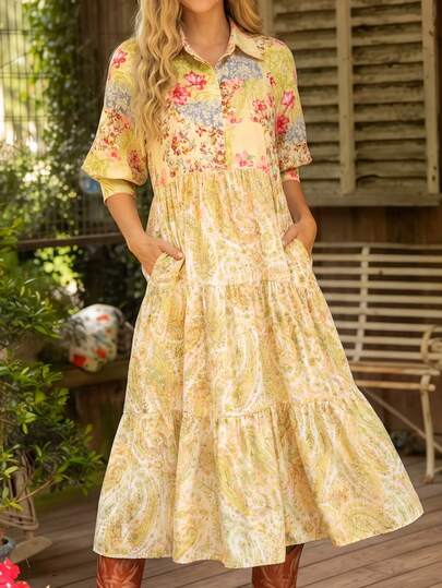 Women's Elegant Butter Yellow Paisley Floral Half Sleeve Collar Woven Fabric A-Line Long Dress, Women's Collared Single Breasted Mid-Sleeve Shirt Dress With Pockets, Multi-Layered Design, Casual Bohemian Retro Style, Elegant And Dignified Party Wear,Women Dating Dress,Women Night Out Dress,Summer Dresses For Women, Honeymoon Outfits Woman .Women Wedding Guest Dress. Island Vacation Outfits,Wedding Guest Dress Women ,Sun Dresses For Women ,Elegant Dresses For Party, Birthday Dresses For Women