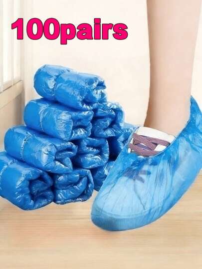 100只一次性塑料鞋套，轻便防水防尘防滑，适用于家庭厨房家具清洁、旅行、酒店、医院、办公室入口等场合，卫生清洁用品，也适用于室内鞋子存放和地板保护。