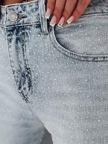 Women's High-Waisted Jeans, Adorned With Crystals, Straight Leg Design, Classic Pocket Design, Zip And Button Fly, Cotton And Spandex Blend Denim Fabric, Decorated With Small Crystal Appliqués, Full-Length Cut. - Blue - View 4