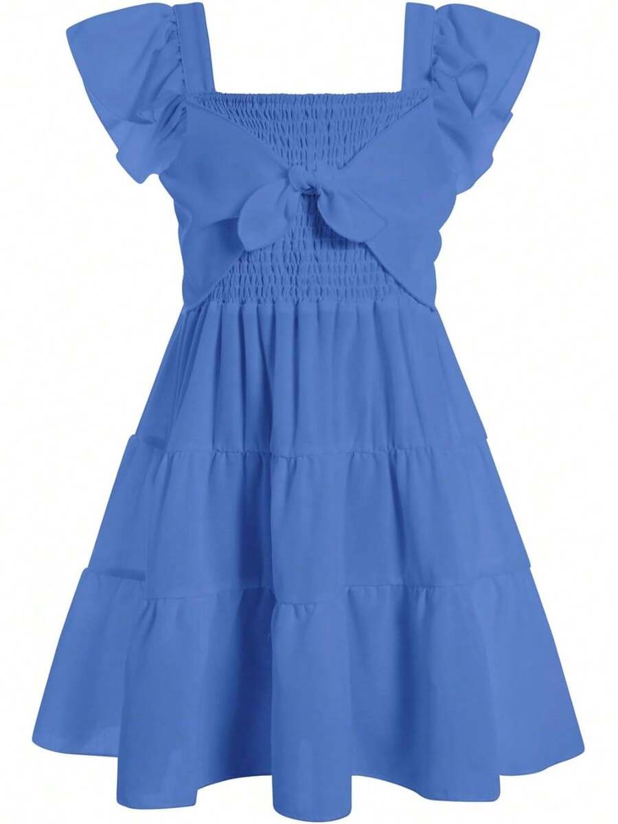 Square Neck Ruffle Sleeve Dress For Girls - Sweet A-Line Swing Dress For Tweens, Casual & Special Occasions - Dark Blue - 查看 1