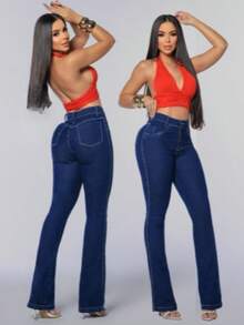 Women's Casual Flare Jeans With High Stretch, Button And Zipper Closure. - DARK BLUE - View 1