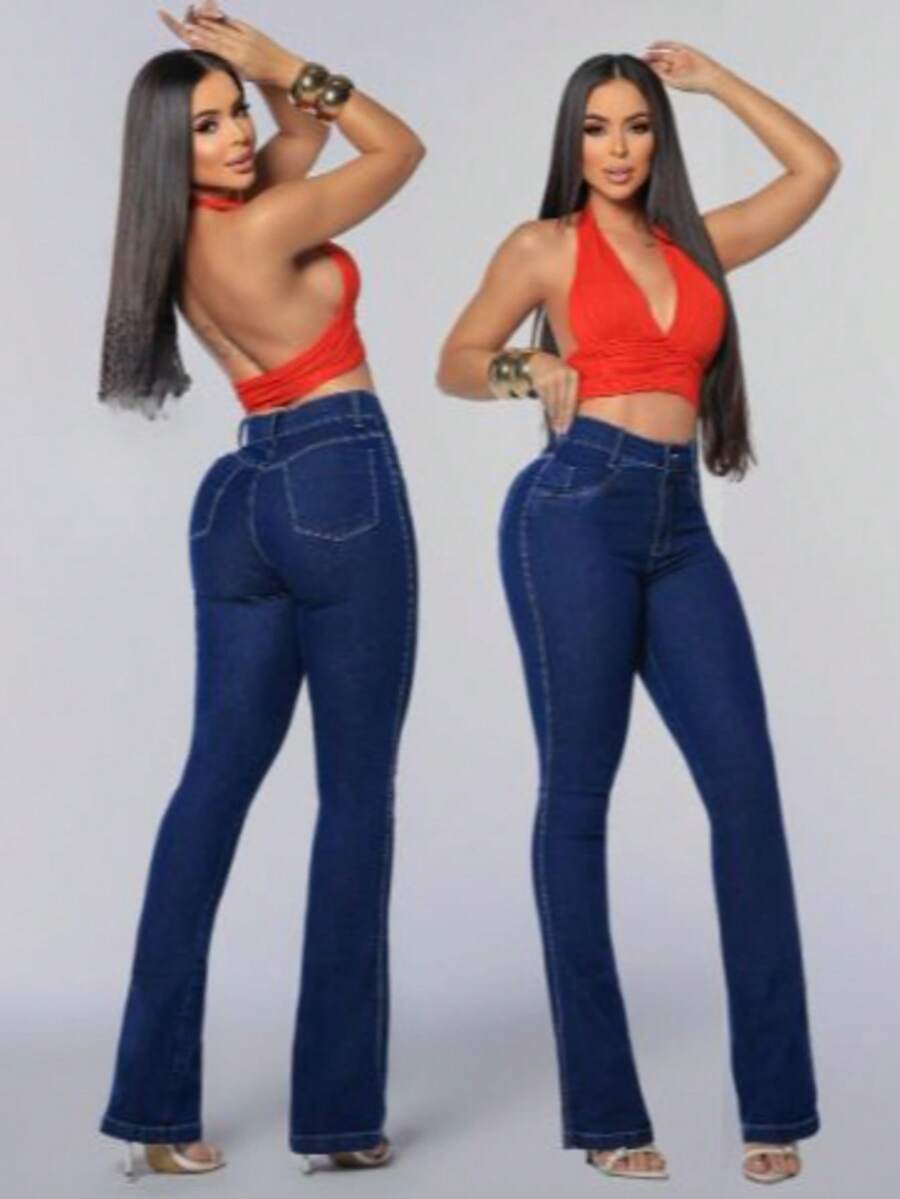 Women's Casual Flare Jeans With High Stretch, Button And Zipper Closure. - DARK BLUE - View 1