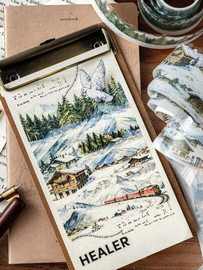 1 Roll PET Shaped Tape, Snowy Forest Landscape, Versatile For DIY Scrapbooking, Gifts, Office, Home, Labeling, Classroom, Entertainment Toys, Student Planner Decor, Retro Cute Stickers