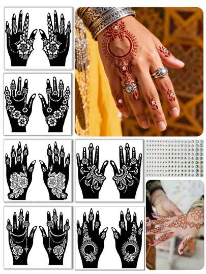 12pcs Reusable Henna Tattoo Stencils & 162pcs Rhinestones, Suitable For Hand & Body Art, Floral Patterns, Temporary Tattoo Stencils, Sleeve Tattoos, Wedding Bride Makeup, Ramadan